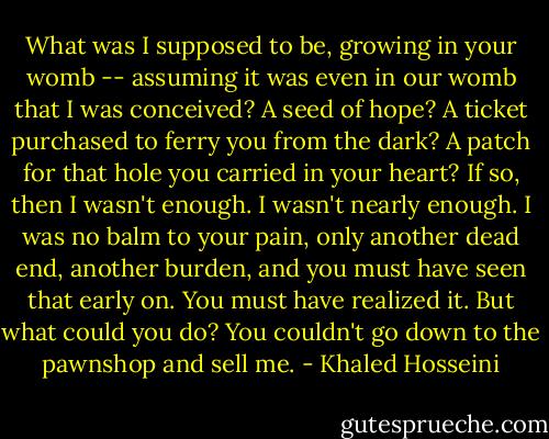What was I supposed to be, growing in your womb -- assuming it was even in our womb that I was conceived? A seed of hope? A ticket purchased to ferry you from the dark? A patch for that hole you carried in your heart? If so, then I wasn't enough. I wasn't nearly enough. I was no balm to your pain, only another dead end, another burden, and you must have seen that early on. You must have realized it. But what could you do? You couldn't go down to the pawnshop and sell me. - Khaled Hosseini