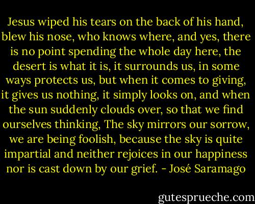 Jesus wiped his tears on the back of his hand, blew his nose, who knows where, and yes, there is no point spending the whole day here, the desert is what it is, it surrounds us, in some ways protects us, but when it comes to giving, it gives us nothing, it simply looks on, and when the sun suddenly clouds over, so that we find ourselves thinking, The sky mirrors our sorrow, we are being foolish, because the sky is quite impartial and neither rejoices in our happiness nor is cast down by our grief. - José Saramago