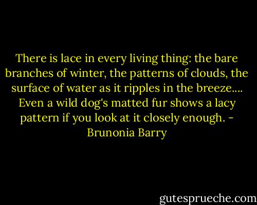 There is lace in every living thing: the bare branches of winter, the patterns of clouds, the surface of water as it ripples in the breeze.... Even a wild dog's matted fur shows a lacy pattern if you look at it closely enough. - Brunonia Barry