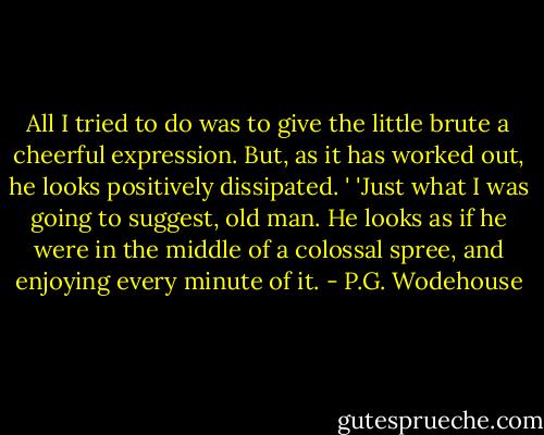 All I tried to do was to give the little brute a cheerful expression. But, as it has worked out, he looks positively dissipated. '<br />'Just what I was going to suggest, old man. He looks as if he were in the middle of a colossal spree, and enjoying every minute of it. - P.G. Wodehouse
