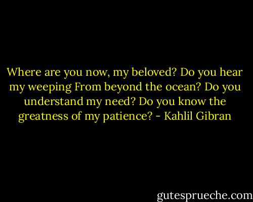 Where are you now, my beloved? Do you hear my weeping<br />From beyond the ocean? Do you understand my need? Do you know the greatness of my patience? - Kahlil Gibran