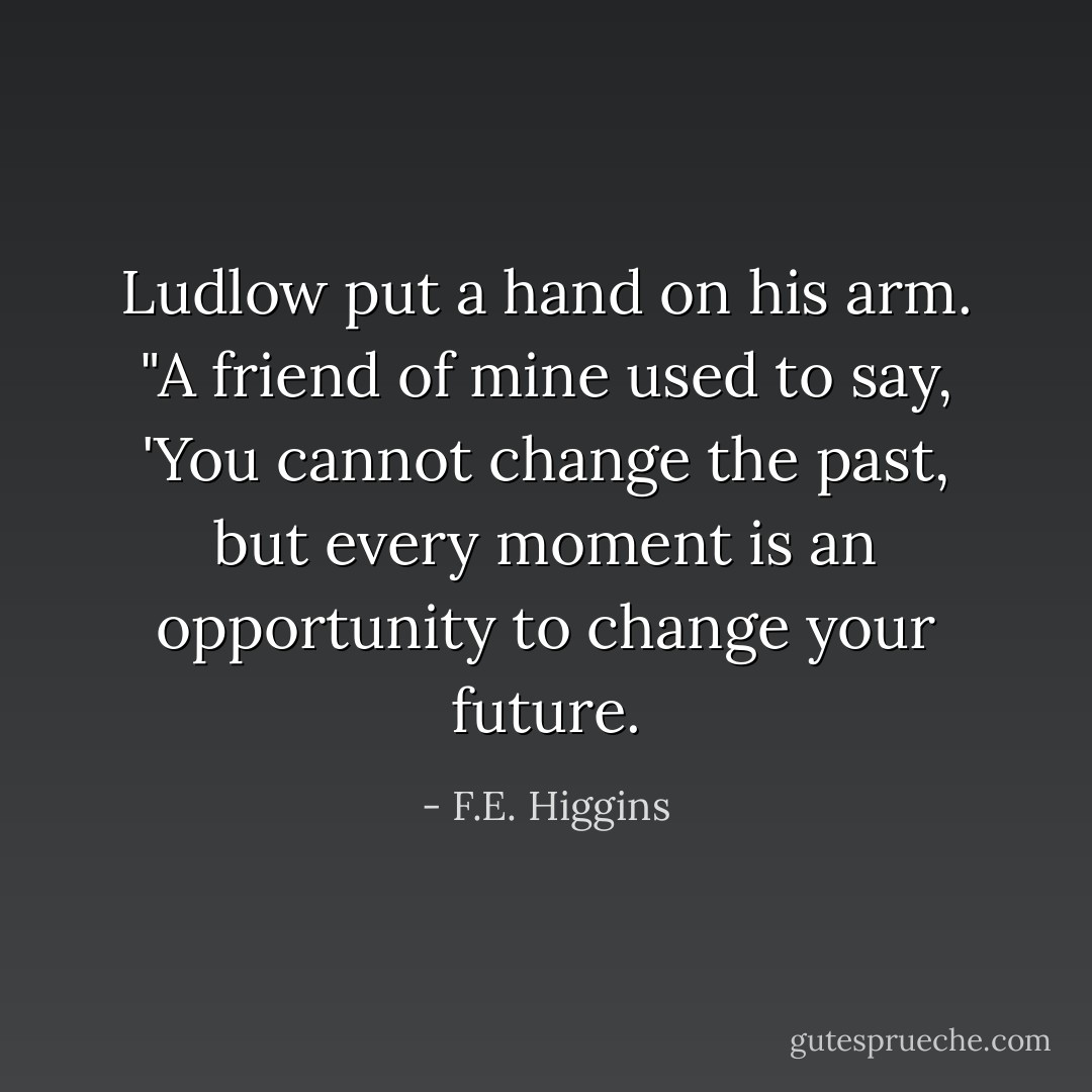 Ludlow put a hand on his arm. "A friend of mine used to say, 'You cannot change the past, but every moment is an opportunity to change your future. - F.E. Higgins