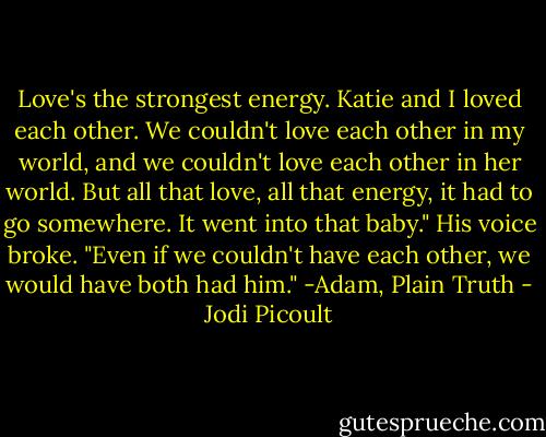 Love's the strongest energy. Katie and I loved each other. We couldn't love each other in my world, and we couldn't love each other in her world. But all that love, all that energy, it had to go somewhere. It went into that baby." His voice broke. "Even if we couldn't have each other, we would have both had him." -Adam, Plain Truth - Jodi Picoult