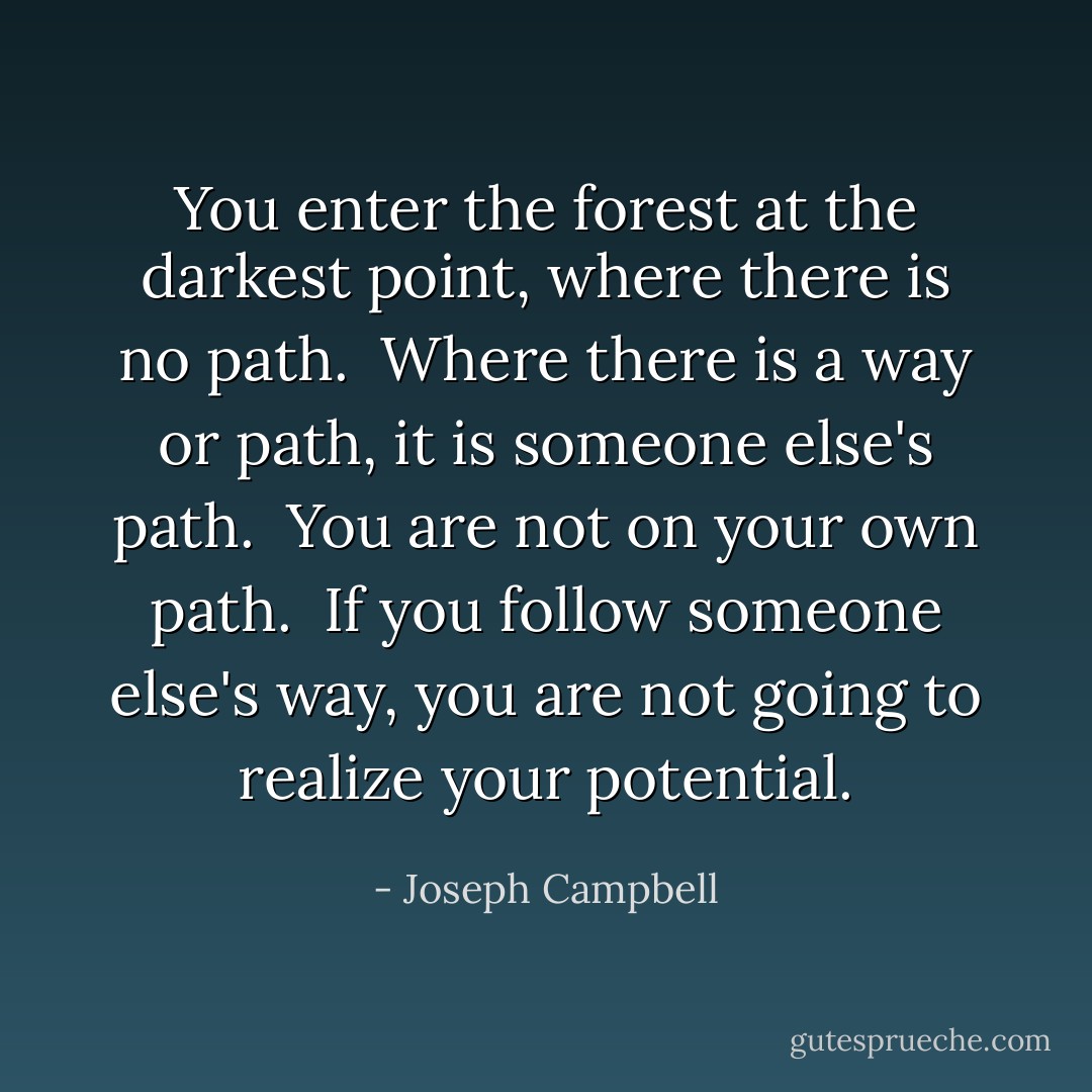 You enter the forest<br />at the darkest point,<br />where there is no path.<br /><br />Where there is a way or path,<br />it is someone else's path.<br /><br />You are not on your own path.<br /><br />If you follow someone else's way,<br />you are not going to realize<br />your potential. - Joseph Campbell