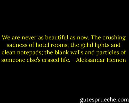 We are never as beautiful as now. The crushing sadness of hotel rooms; the gelid lights and clean notepads; the blank walls and particles of someone else’s erased life. - Aleksandar Hemon
