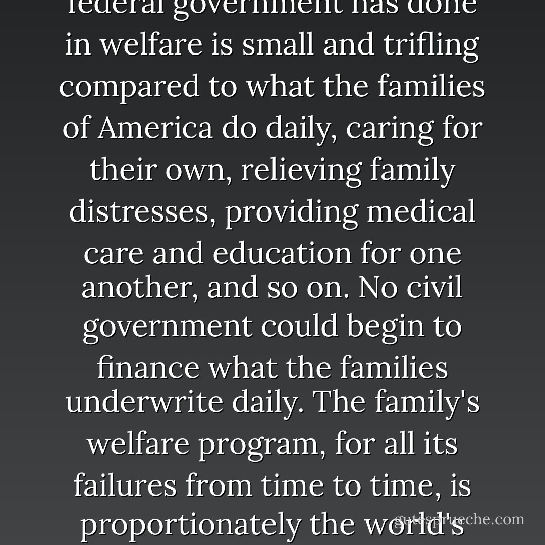 The family is the world's greatest welfare agency, and the most successful. What the federal government has done in welfare is small and trifling compared to what the families of America do daily, caring for their own, relieving family distresses, providing medical care and education for one another, and so on. No civil government could begin to finance what the families underwrite daily. The family's welfare program, for all its failures from time to time, is proportionately the world's most successful operation by an incomparable margin. - Rousas John Rushdoony