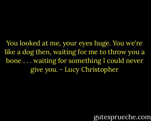 You looked at me, your eyes huge. You we're like a dog then, waiting for me to throw you a bone . . . waiting for something I could never give you. - Lucy Christopher