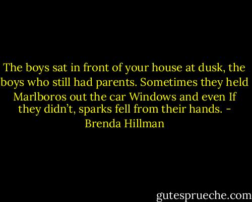 The boys sat in front of your house at dusk,<br />the boys who still had parents.<br />Sometimes they held Marlboros out the car<br />Windows and even<br />If they didn’t, sparks fell from their hands. - Brenda Hillman
