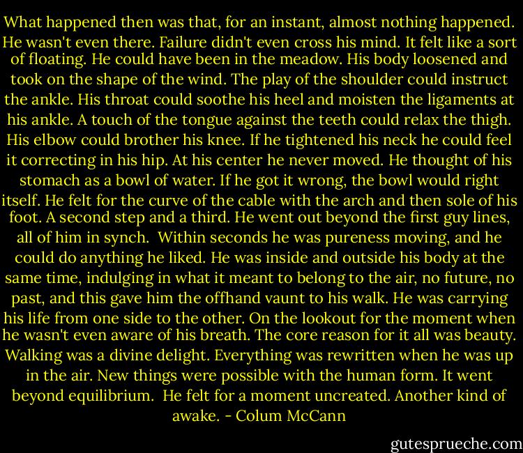 What happened then was that, for an instant, almost nothing happened. He wasn't even there. Failure didn't even cross his mind. It felt like a sort of floating. He could have been in the meadow. His body loosened and took on the shape of the wind. The play of the shoulder could instruct the ankle. His throat could soothe his heel and moisten the ligaments at his ankle. A touch of the tongue against the teeth could relax the thigh. His elbow could brother his knee. If he tightened his neck he could feel it correcting in his hip. At his center he never moved. He thought of his stomach as a bowl of water. If he got it wrong, the bowl would right itself. He felt for the curve of the cable with the arch and then sole of his foot. A second step and a third. He went out beyond the first guy lines, all of him in synch.<br /><br />Within seconds he was pureness moving, and he could do anything he liked. He was inside and outside his body at the same time, indulging in what it meant to belong to the air, no future, no past, and this gave him the offhand vaunt to his walk. He was carrying his life from one side to the other. On the lookout for the moment when he wasn't even aware of his breath.<br />The core reason for it all was beauty. Walking was a divine delight. Everything was rewritten when he was up in the air. New things were possible with the human form. It went beyond equilibrium.<br /><br />He felt for a moment uncreated. Another kind of awake. - Colum McCann
