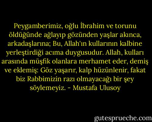 Peygamberimiz, oğlu İbrahim ve torunu öldüğünde ağlayıp gözünden yaşlar akınca, arkadaşlarına; Bu, Allah'ın kullarının kalbine yerleştirdiği acıma duygusudur. Allah, kulları arasında müşfik olanlara merhamet eder, demiş ve eklemiş: Göz yaşarır, kalp hüzünlenir, fakat biz Rabbimizin razı olmayacağı bir şey söylemeyiz. - Mustafa Ulusoy