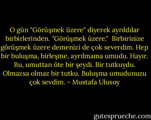 O gün "Görüşmek üzere" diyerek ayrıldılar birbirlerinden. "Görüşmek üzere."<br /><br />Birbirinize görüşmek üzere demenizi de çok severdim. Hep bir buluşma, birleşme, ayrılmama umudu. Hayır. Bu, umuttan öte bir şeydi. Bir tutkuydu. Olmazsa olmaz bir tutku. Buluşma umudunuzu çok sevdim. - Mustafa Ulusoy