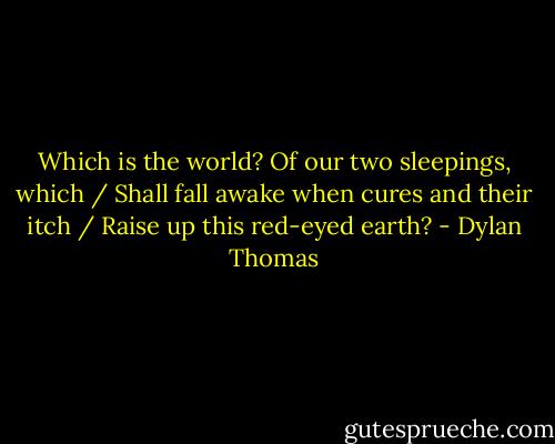 Which is the world? Of our two sleepings, which / Shall fall awake when cures and their itch / Raise up this red-eyed earth? - Dylan Thomas