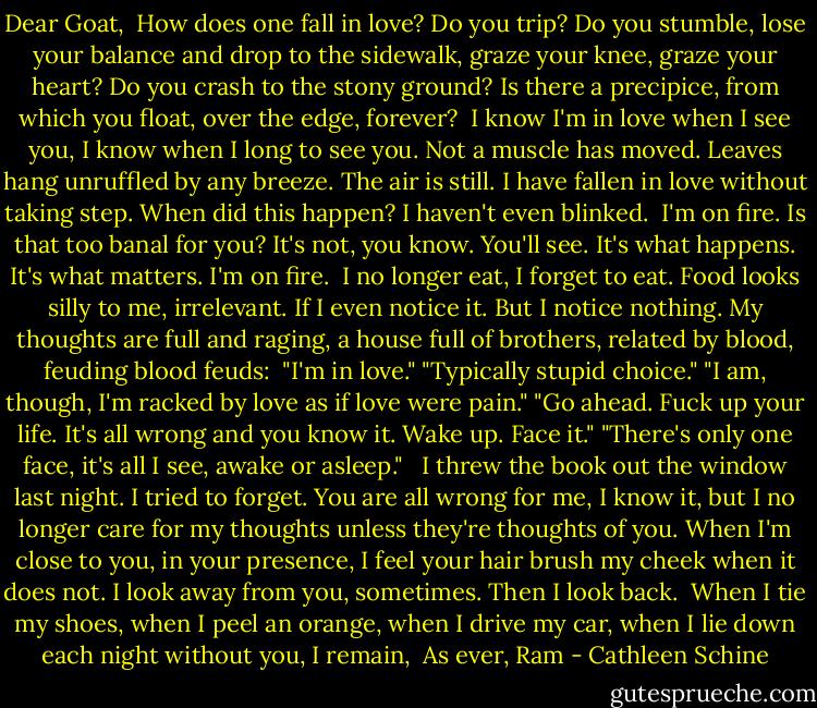 Dear Goat,<br /><br />How does one fall in love? Do you trip? Do you stumble, lose your balance and drop to the sidewalk, graze your knee, graze your heart? Do you crash to the stony ground? Is there a precipice, from which you float, over the edge, forever?<br /><br />I know I'm in love when I see you, I know when I long to see you. Not a muscle has moved. Leaves hang unruffled by any breeze. The air is still. I have fallen in love without taking step. When did this happen? I haven't even blinked.<br /><br />I'm on fire. Is that too banal for you? It's not, you know. You'll see. It's what happens. It's what matters. I'm on fire.<br /><br />I no longer eat, I forget to eat. Food looks silly to me, irrelevant. If I even notice it. But I notice nothing. My thoughts are full and raging, a house full of brothers, related by blood, feuding blood feuds:<br /><br />"I'm in love."<br />"Typically stupid choice."<br />"I am, though, I'm racked by love as if love were pain."<br />"Go ahead. Fuck up your life. It's all wrong and you know it. Wake up. Face it."<br />"There's only one face, it's all I see, awake or asleep."<br /><br /><br />I threw the book out the window last night. I tried to forget. You are all wrong for me, I know it, but I no longer care for my thoughts unless they're thoughts of you. When I'm close to you, in your presence, I feel your hair brush my cheek when it does not. I look away from you, sometimes. Then I look back.<br /><br />When I tie my shoes, when I peel an orange, when I drive my car, when I lie down each night without you, I remain,<br /><br />As ever,<br />Ram - Cathleen Schine