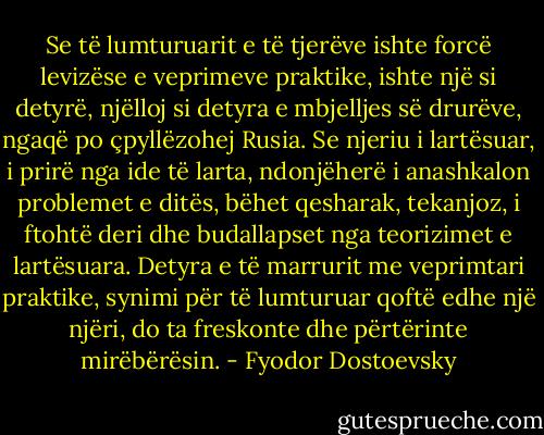 Se të lumturuarit e të tjerëve ishte forcë levizëse e veprimeve praktike, ishte një si detyrë, njëlloj si detyra e mbjelljes së drurëve, ngaqë po çpyllëzohej Rusia. Se njeriu i lartësuar, i prirë nga ide të larta, ndonjëherë i anashkalon problemet e ditës, bëhet qesharak, tekanjoz, i ftohtë deri dhe budallapset nga teorizimet e lartësuara. Detyra e të marrurit me veprimtari praktike, synimi për të lumturuar qoftë edhe një njëri, do ta freskonte dhe përtërinte mirëbërësin. - Fyodor Dostoevsky