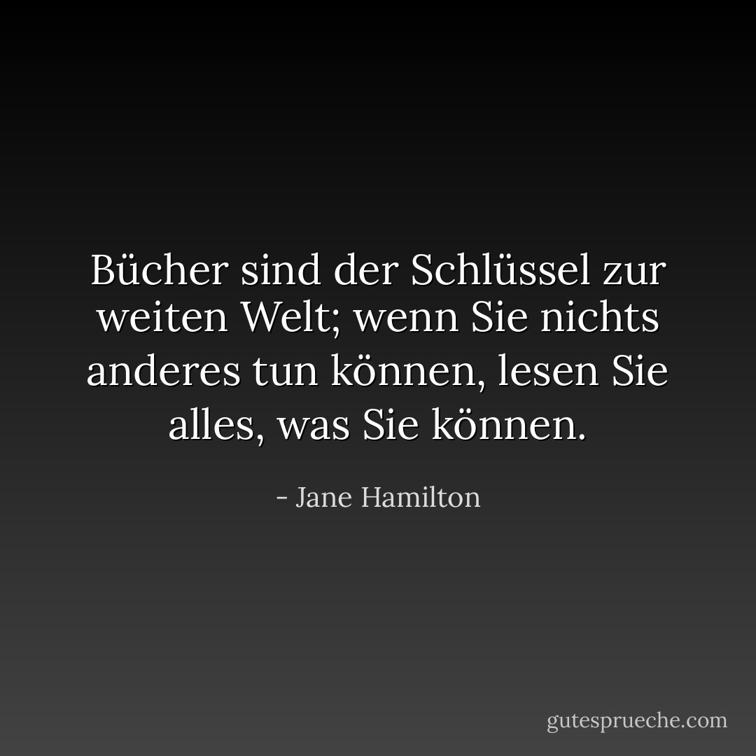 Bücher sind der Schlüssel zur weiten Welt; wenn Sie nichts anderes tun können, lesen Sie alles, was Sie können. - Jane Hamilton<