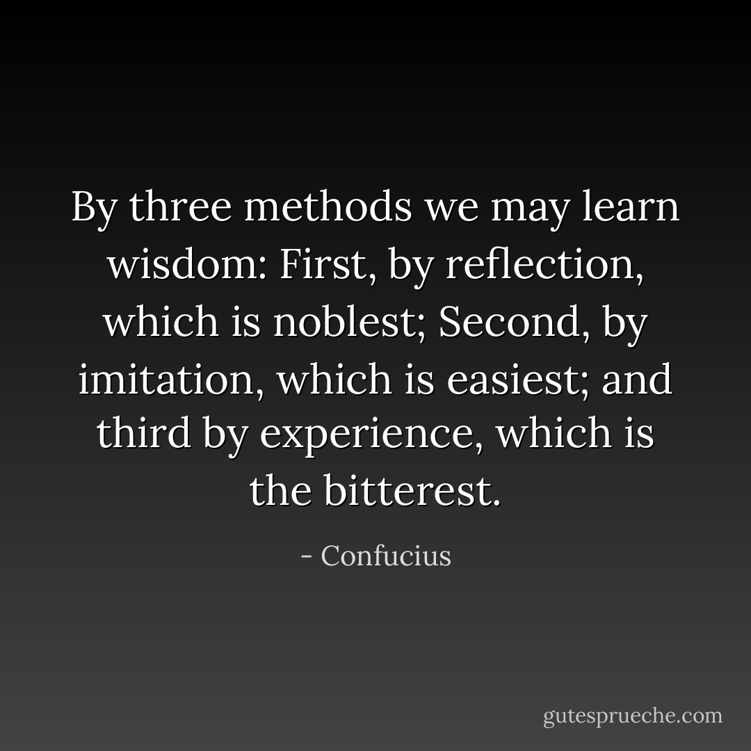 By three methods we may learn wisdom: First, by reflection, which is noblest; Second, by imitation, which is easiest; and third by experience, which is the bitterest. - Confucius