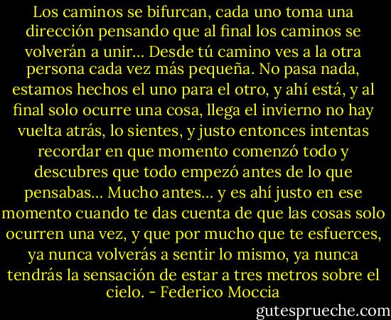 Los caminos se bifurcan, cada uno toma una dirección pensando que al final los caminos se volverán a unir…<br />Desde tú camino ves a la otra persona cada vez más pequeña. No pasa nada, estamos hechos el uno para el otro, y ahí está, y al final solo ocurre una cosa, llega el invierno no hay vuelta atrás, lo sientes, y justo entonces intentas recordar en que momento comenzó todo y descubres que todo empezó antes de lo que pensabas…<br />Mucho antes… y es ahí justo en ese momento cuando te das cuenta de que las cosas solo ocurren una vez, y que por mucho que te esfuerces, ya nunca volverás a sentir lo mismo, ya nunca tendrás la sensación de estar a tres metros sobre el cielo. - Federico Moccia