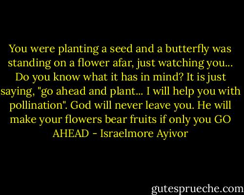 You were planting a seed and a butterfly was standing on a flower afar, just watching you... Do you know what it has in mind? It is just saying, "go ahead and plant... I will help you with pollination". God will never leave you. He will make your flowers bear fruits if only you GO AHEAD - Israelmore Ayivor