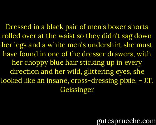 Dressed in a black pair of men's boxer shorts rolled over at the waist so they didn't sag down her legs and a white men's undershirt she must have found in one of the dresser drawers, with her choppy blue hair sticking up in every direction and her wild, glittering eyes, she looked like an insane, cross-dressing pixie. - J.T. Geissinger