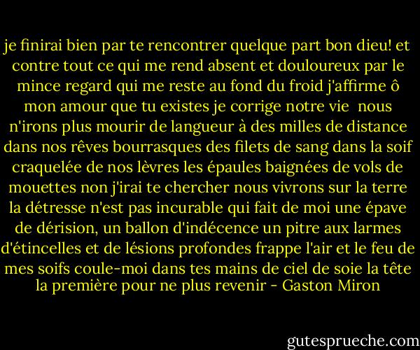 je finirai bien par te rencontrer quelque part<br />bon dieu!<br />et contre tout ce qui me rend absent et douloureux<br />par le mince regard qui me reste au fond du froid<br />j'affirme ô mon amour que tu existes<br />je corrige notre vie<br /><br />nous n'irons plus mourir de langueur<br />à des milles de distance dans nos rêves bourrasques<br />des filets de sang dans la soif craquelée de nos lèvres<br />les épaules baignées de vols de mouettes<br />non<br />j'irai te chercher nous vivrons sur la terre<br />la détresse n'est pas incurable qui fait de moi<br />une épave de dérision, un ballon d'indécence<br />un pitre aux larmes d'étincelles et de lésions profondes<br />frappe l'air et le feu de mes soifs<br />coule-moi dans tes mains de ciel de soie<br />la tête la première pour ne plus revenir - Gaston Miron