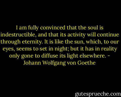 I am fully convinced that the soul is indestructible, and that its activity will continue through eternity. It is like the sun, which, to our eyes, seems to set in night; but it has in reality only gone to diffuse its light elsewhere. - Johann Wolfgang von Goethe