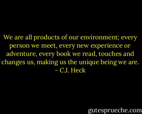 We are all products of our environment; every person we meet, every new experience or adventure, every book we read, touches and changes us, making us the unique being we are. - C.J. Heck