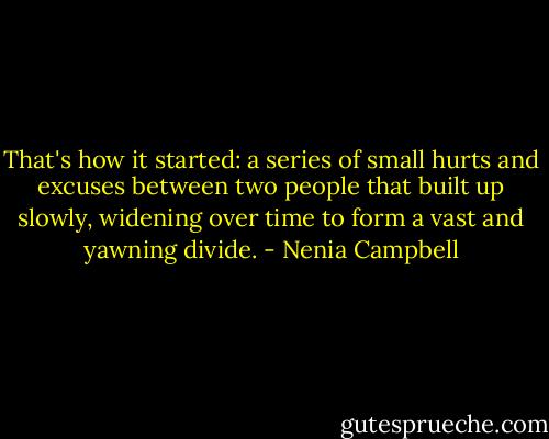That's how it started: a series of small hurts and excuses between two people that built up slowly, widening over time to form a vast and yawning divide. - Nenia Campbell