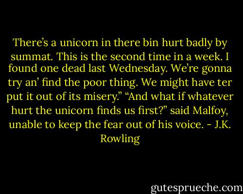 There’s a unicorn in there bin hurt badly by summat. This is the second time in a week. I found one dead last Wednesday. We’re gonna try an’ find the poor thing. We might have ter put it out of its misery.” “And what if whatever hurt the unicorn finds us first?” said Malfoy, unable to keep the fear out of his voice. - J.K. Rowling