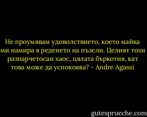 Не проумявам удоволствието, което майка ми намира в реденето на пъзели. Целият този разпарчетосан хаос, цялата бъркотия, кат това може да успокоява? - Andre Agassi