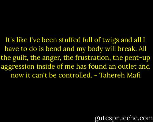 It's like I've been stuffed full of twigs and all I have to do is bend and my body will break. All the guilt, the anger, the frustration, the pent-up aggression inside of me has found an outlet and now it can't be controlled. - Tahereh Mafi