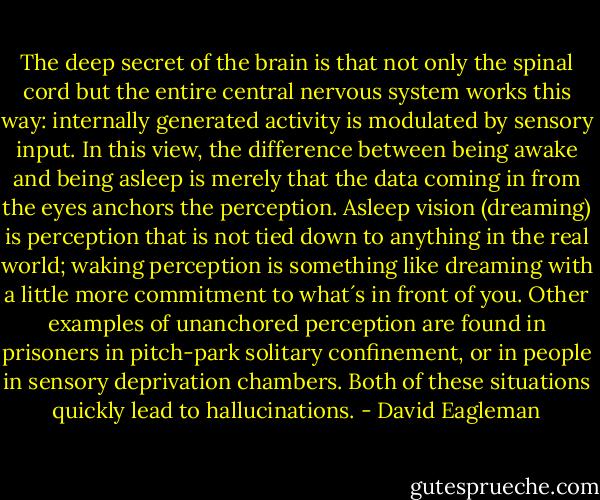 The deep secret of the brain is that not only the spinal cord but the entire central nervous system works this way: internally generated activity is modulated by sensory input. In this view, the difference between being awake and being asleep is merely that the data coming in from the eyes anchors the perception. Asleep vision (dreaming) is perception that is not tied down to anything in the real world; waking perception is something like dreaming with a little more commitment to what´s in front of you. Other examples of unanchored perception are found in prisoners in pitch-park solitary confinement, or in people in sensory deprivation chambers. Both of these situations quickly lead to hallucinations. - David Eagleman