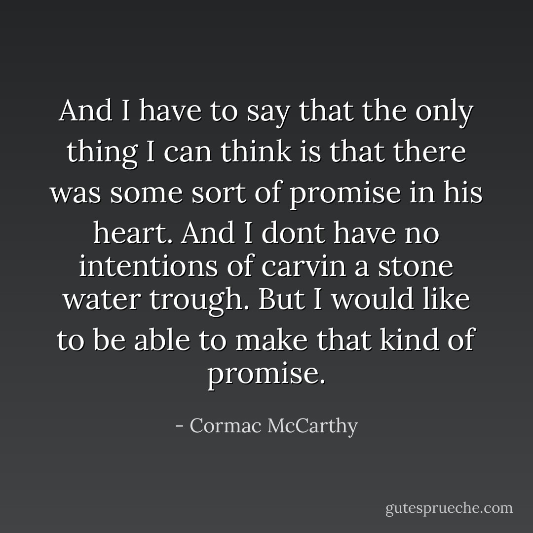 And I have to say that the only thing I can think is that there was some sort of promise in his heart. And I dont have no intentions of carvin a stone water trough. But I would like to be able to make that kind of promise. - Cormac McCarthy