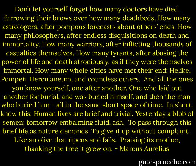 Don’t let yourself forget how many doctors have died, furrowing their brows over how many deathbeds. How many astrologers, after pompous forecasts about others’ ends. How many philosophers, after endless disquisitions on death and immortality. How many warriors, after inflicting thousands of casualties themselves. How many tyrants, after abusing the power of life and death atrociously, as if they were themselves immortal.<br />How many whole cities have met their end: Helike, Pompeii, Herculaneum, and countless others.<br /><br />And all the ones you know yourself, one after another. One who laid out another for burial, and was buried himself, and then the man who buried him - all in the same short space of time.<br /><br />In short, know this: Human lives are brief and trivial. Yesterday a blob of semen; tomorrow embalming fluid, ash.<br /><br />To pass through this brief life as nature demands. To give it up without complaint.<br /><br />Like an olive that ripens and falls.<br /><br />Praising its mother, thanking the tree it grew on. - Marcus Aurelius