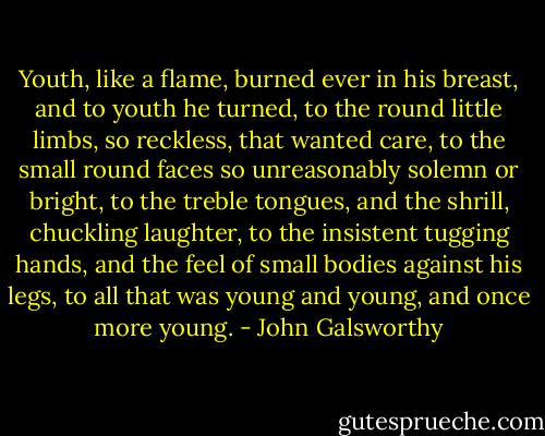 Youth, like a flame, burned ever in his breast, and to youth he turned, to the round little limbs, so reckless, that wanted care, to the small round faces so unreasonably solemn or bright, to the treble tongues, and the shrill, chuckling laughter, to the insistent tugging hands, and the feel of small bodies against his legs, to all that was young and young, and once more young. - John Galsworthy