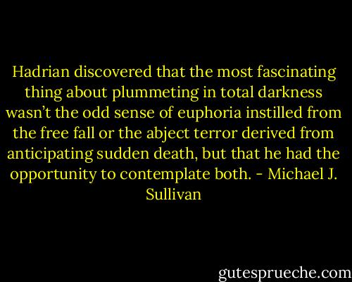 Hadrian discovered that the most fascinating thing about plummeting in total darkness wasn’t the odd sense of euphoria instilled from the free fall or the abject terror derived from anticipating sudden death, but that he had the opportunity to contemplate both. - Michael J. Sullivan