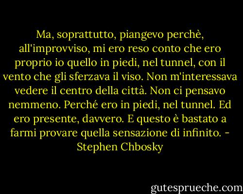 Ma, soprattutto, piangevo perchè, all'improvviso, mi ero reso conto che ero proprio io quello in piedi, nel tunnel, con il vento che gli sferzava il viso. Non m'interessava vedere il centro della città. Non ci pensavo nemmeno. Perché ero in piedi, nel tunnel. Ed ero presente, davvero. E questo è bastato a farmi provare quella sensazione di infinito. - Stephen Chbosky