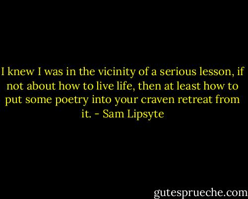 I knew I was in the vicinity of a serious lesson, if not about how to live life, then at least how to put some poetry into your craven retreat from it. - Sam Lipsyte