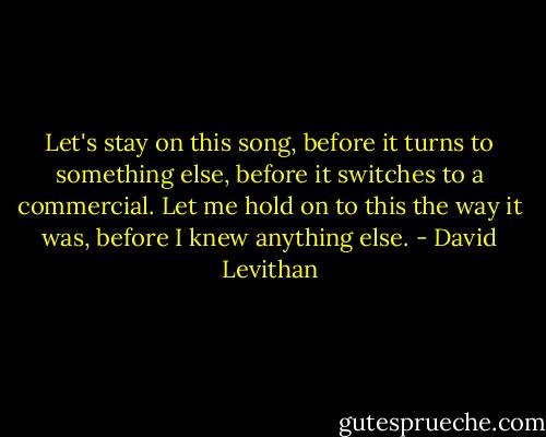Let's stay on this song, before it turns to something else, before it switches to a commercial. Let me hold on to this the way it was, before I knew anything else. - David Levithan