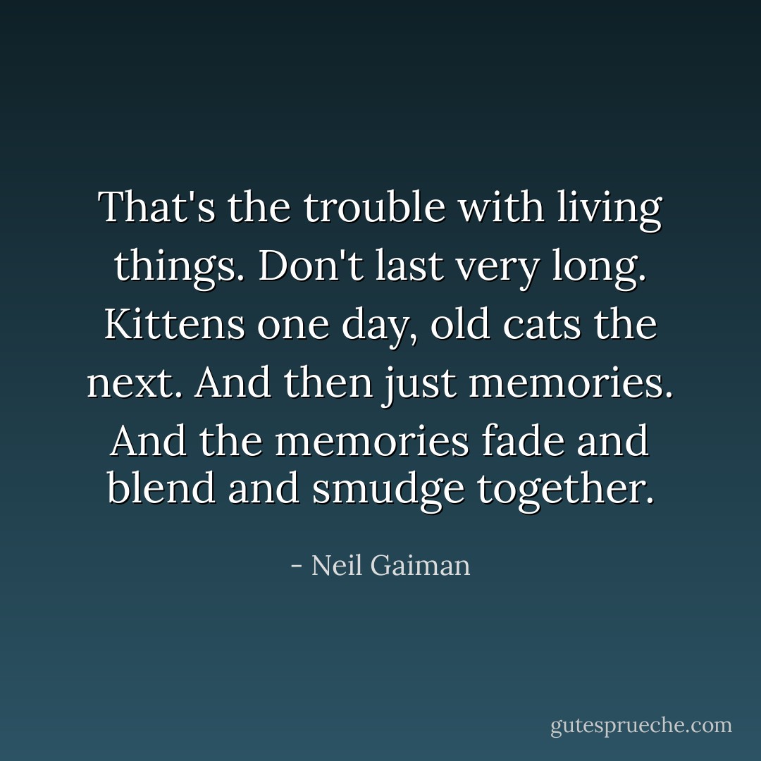 That's the trouble with living things. Don't last very long. Kittens one day, old cats the next. And then just memories. And the memories fade and blend and smudge together. - Neil Gaiman