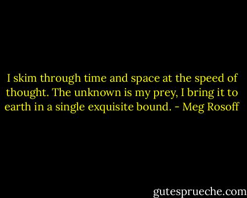 I skim through time and space at the speed of thought. The unknown is my prey, I bring it to earth in a single exquisite bound. - Meg Rosoff