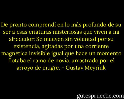 De pronto comprendí en lo más profundo de su ser a esas criaturas misteriosas que viven a mi alrededor: Se mueven sin voluntad por su existencia, agitadas por una corriente magnética invisible igual que hace un momento flotaba el ramo de novia, arrastrado por el arroyo de mugre. - Gustav Meyrink