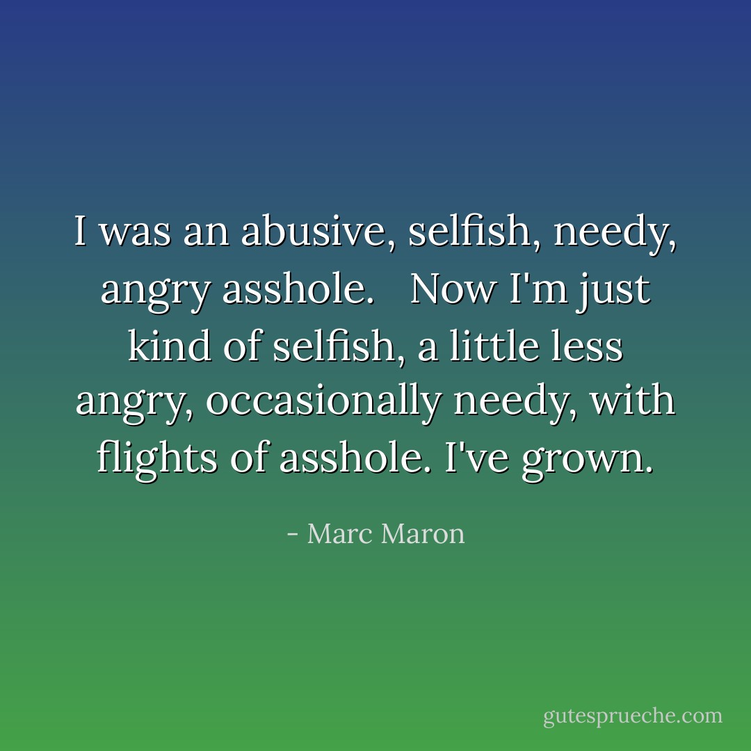 I was an abusive, selfish, needy, angry asshole. <br /><br />Now I'm just kind of selfish, a little less angry, occasionally needy, with flights of asshole. I've grown. - Marc Maron