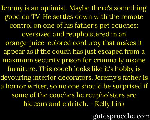 Jeremy is an optimist. Maybe there's something good on TV. He settles down with the remote control on one of his father's pet couches: oversized and reupholstered in an orange-juice-colored corduroy that makes it appear as if the couch has just escaped from a maximum security prison for criminally insane furniture. This couch looks like it's hobby is devouring interior decorators. Jeremy's father is a horror writer, so no one should be surprised if some of the couches he reupholsters are hideous and eldritch. - Kelly Link