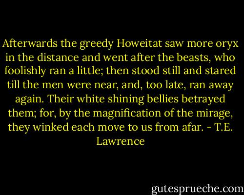 Afterwards the greedy Howeitat saw more oryx in the distance and went after the beasts, who foolishly ran a little; then stood still and stared till the men were near, and, too late, ran away again. Their white shining bellies betrayed them; for, by the magnification of the mirage, they winked each move to us from afar. - T.E. Lawrence