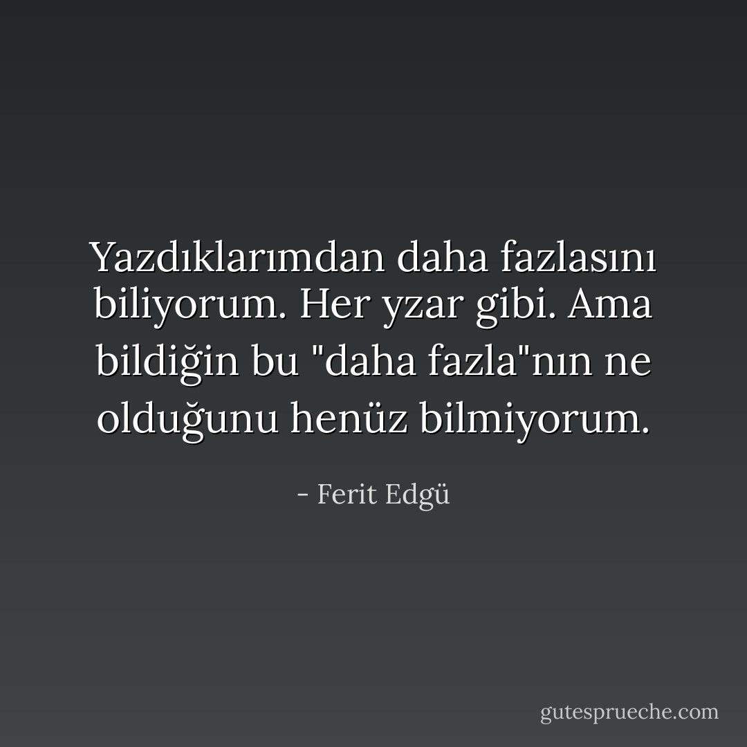 Yazdıklarımdan daha fazlasını<br />biliyorum.<br />Her yzar gibi.<br />Ama bildiğin bu "daha fazla"nın<br />ne olduğunu henüz bilmiyorum. - Ferit Edgü