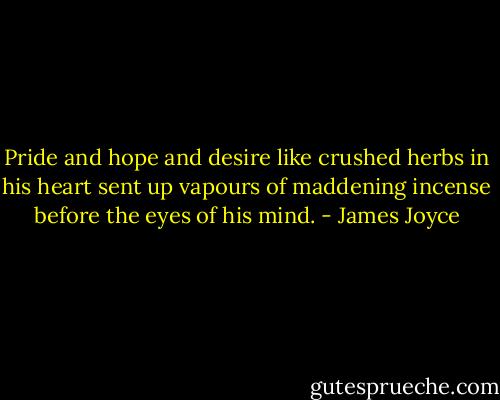 Pride and hope and desire like crushed herbs in his heart sent up vapours of maddening incense before the eyes of his mind. - James Joyce
