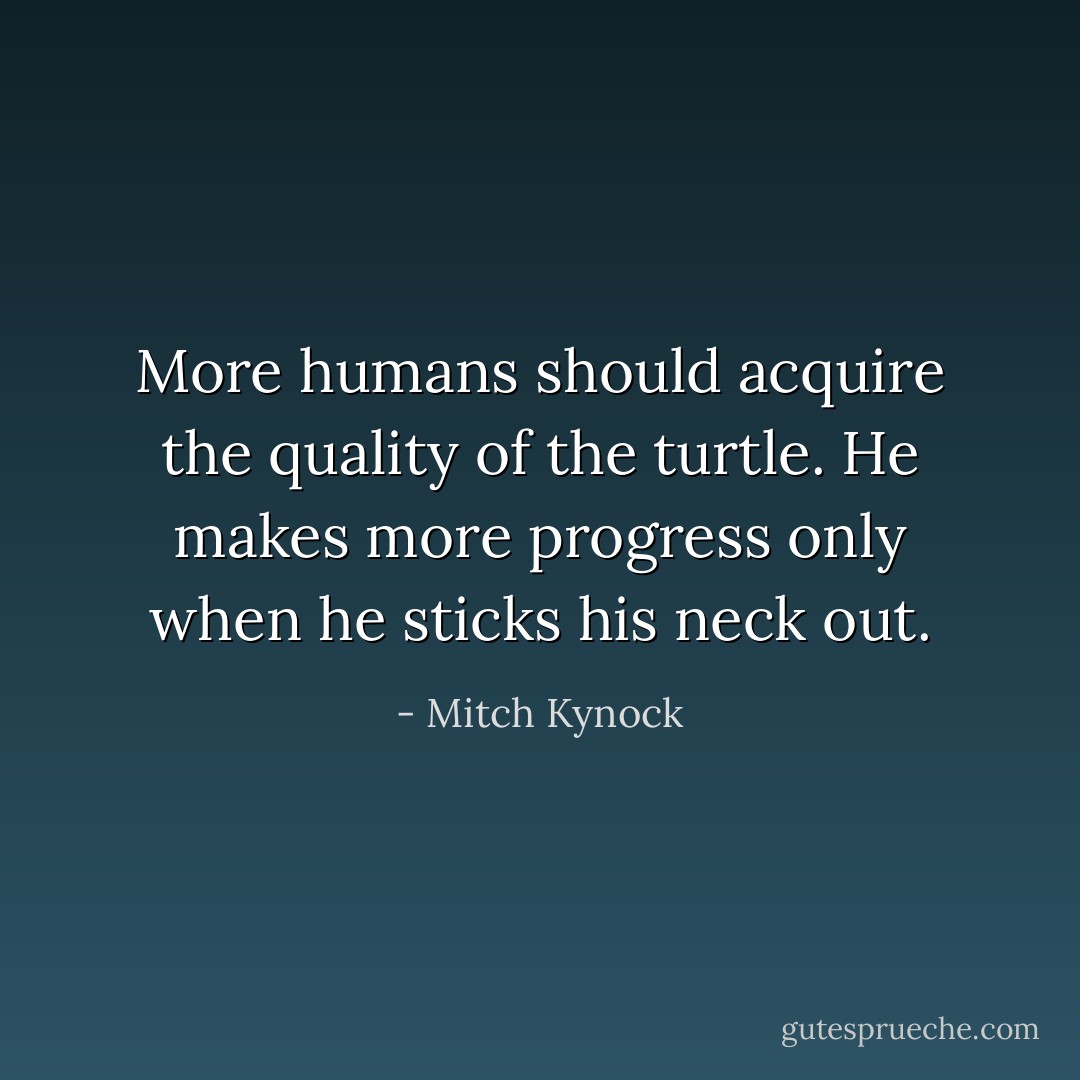 More humans should acquire the quality of the turtle. He makes more progress only when he sticks his neck out. - Mitch Kynock