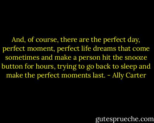 And, of course, there are the perfect day, perfect moment, perfect life dreams that come sometimes and make a person hit the snooze button for hours, trying to go back to sleep and make the perfect moments last. - Ally Carter