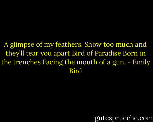 A glimpse<br />of my feathers.<br />Show too much and they’ll tear you apart<br />Bird of Paradise<br />Born in the trenches<br />Facing the mouth of a gun. - Emily Bird