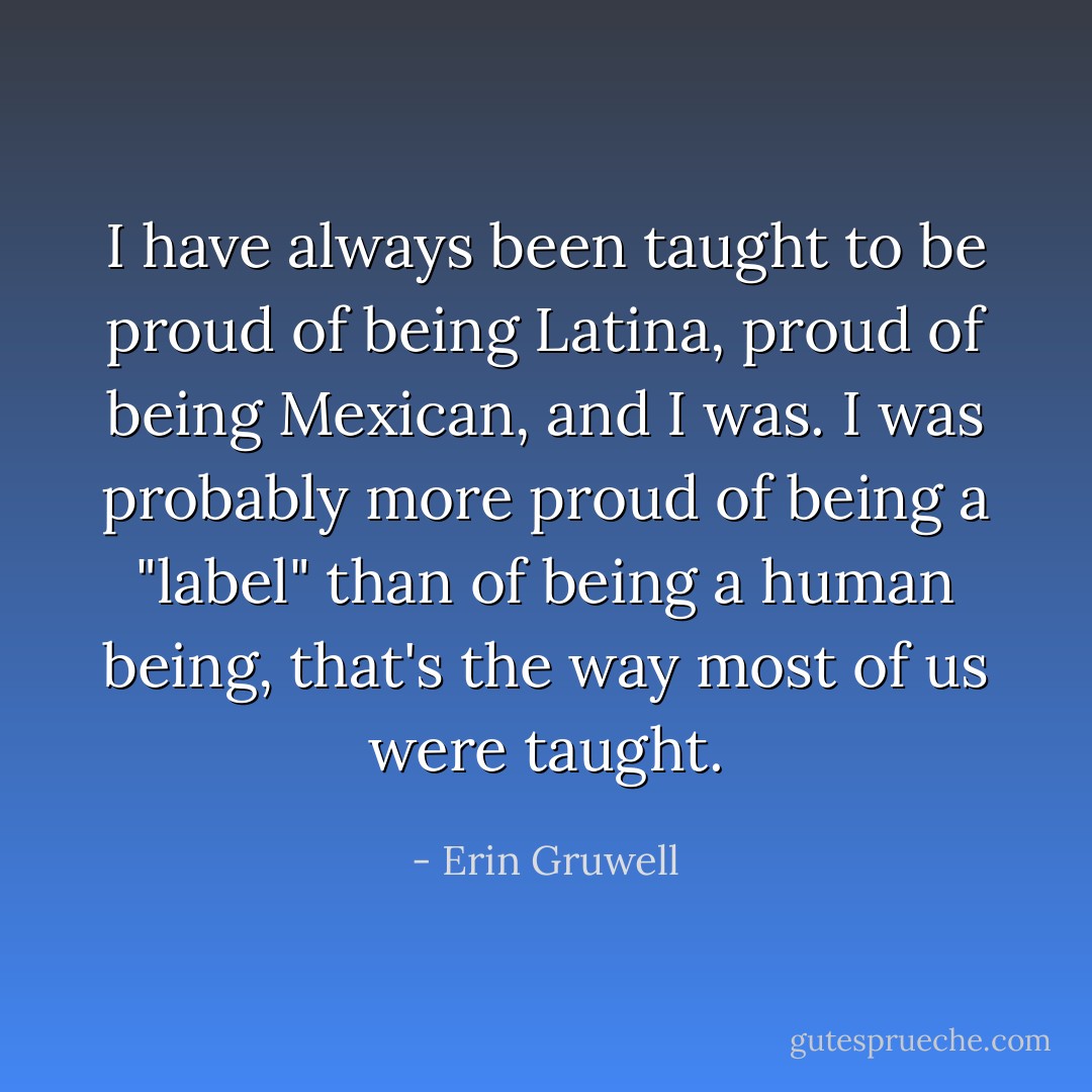 I have always been taught to be proud of being Latina, proud of being Mexican, and I was. I was probably more proud of being a "label" than of being a human being, that's the way most of us were taught. - Erin Gruwell
